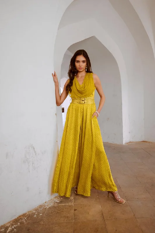 New Products Gulbahar Lemon Green cowl jumpsuit with belt