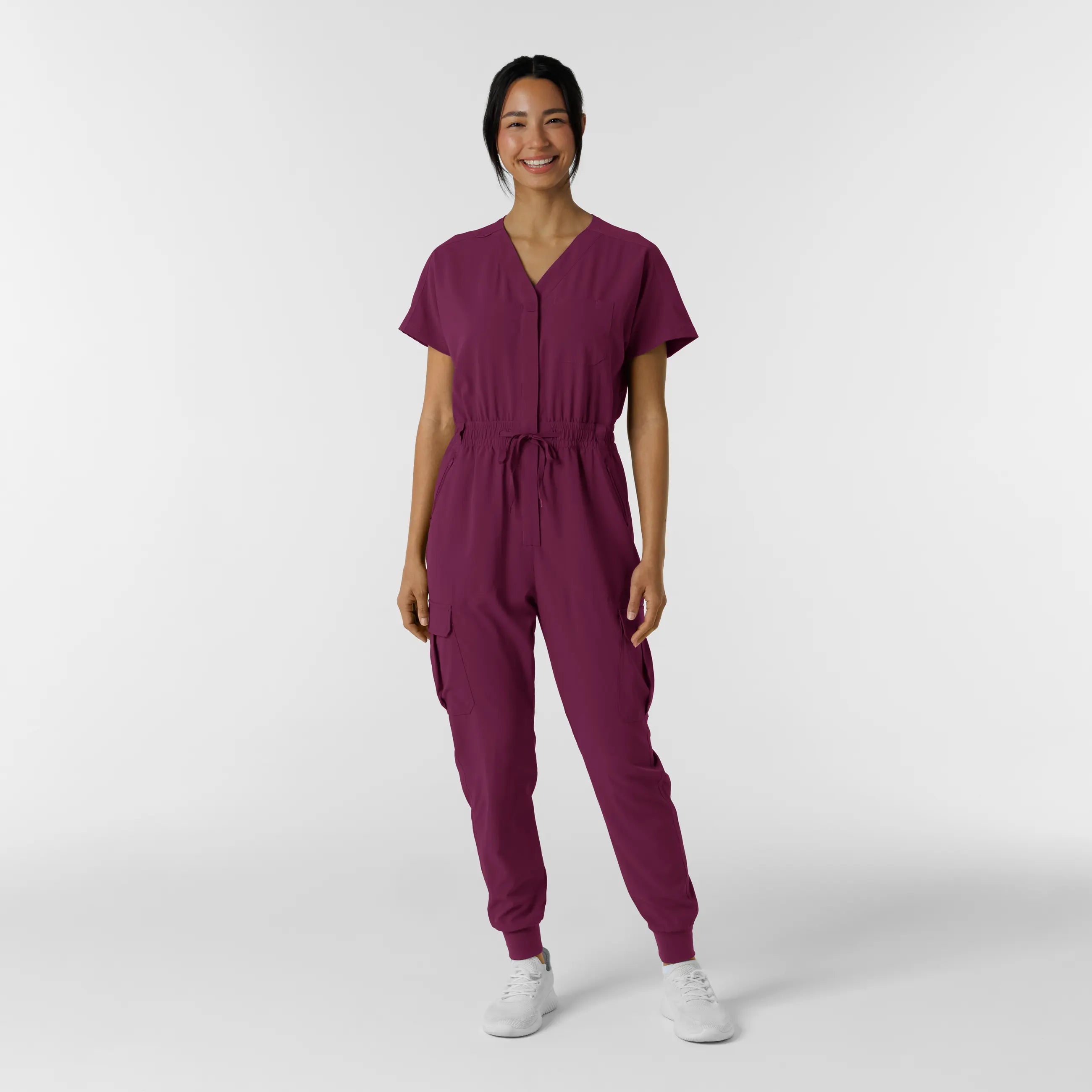 Relaxed Chic Wink Women's Cargo Jogger Scrub Jumpsuit - Wine